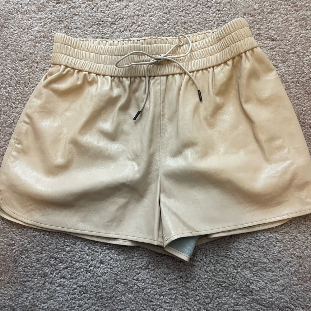 Alice and Olivia Tan Leather Drawstring Mini Shorts